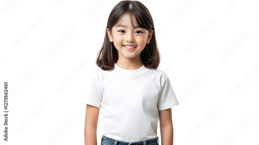 Portrait of a happy beautiful korean kid girl, with short haired bang style, wearing a white T-shirt, front view, mockup concept. Portrait of a happy beautiful korean kid girl, with short haired bang style, wearing a white T-shirt, front view, mockup concept.