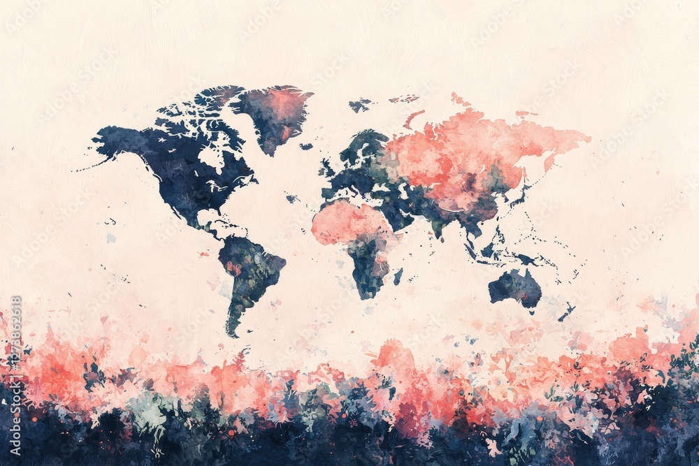 A low-poly world map illustration featuring vibrant blue, orange, and red tones, ideal for modern decor and global themes with its abstract geometric design A low-poly world map illustration featuring vibrant blue, orange, and red tones, ideal for modern decor and global themes with its abstract geometric design