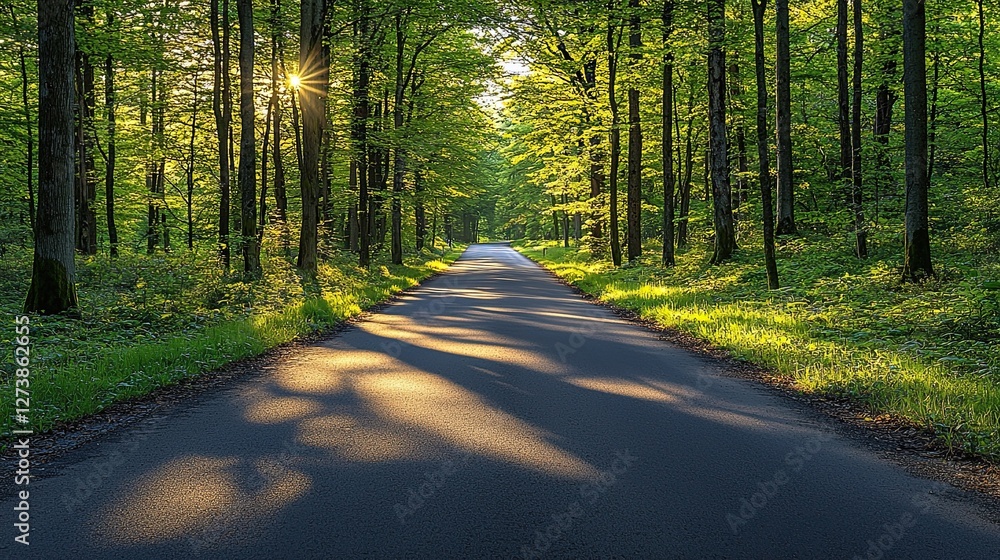 Obraz premium Sunlit Road Through Lush Green Forest Trees