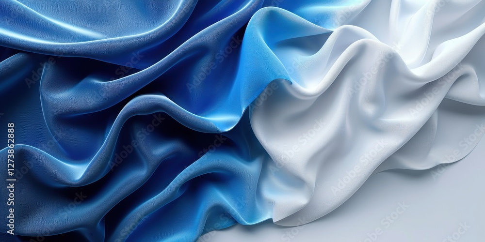 Fototapeta premium Elegant Waves of Silk and Satin Fabric Draped Together in Shades of Blue and White Colors