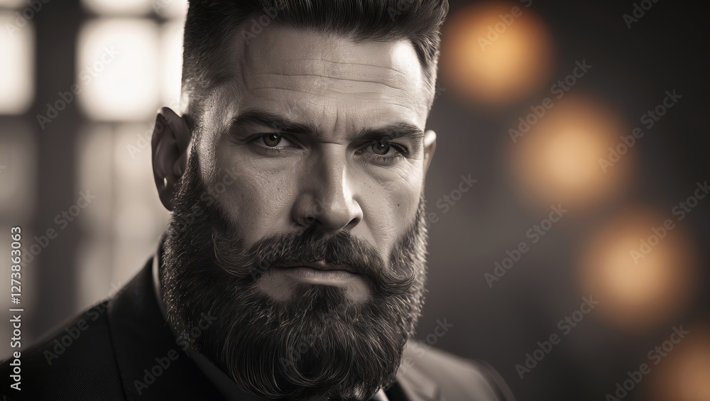 Handsome man with a thick beard and strong gaze in a dimly lit setting expressing confidence and charisma Handsome man with a thick beard and strong gaze in a dimly lit setting expressing confidence and charisma