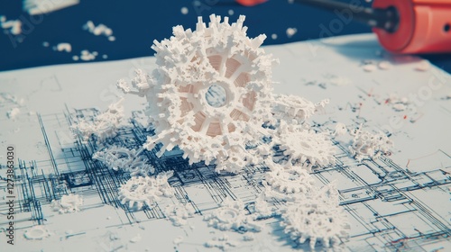 The engineering blueprint features a detailed mechanical part design that exemplifies precision engineering and technical drawing capabilities