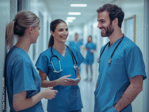 Infermieri che parlano tra di loro nel corridoio di un ospedale, visi sorridenti e rassicuranti, sfondo sfuocato, alcuni in divise bianche, altri in divise blu. foto realistico, cinematico.