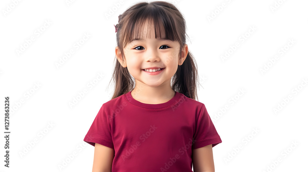 Portrait of a happy beautiful korean kid girl, with short haired bang style, wearing a red T-shirt, front view, mockup concept. Portrait of a happy beautiful korean kid girl, with short haired bang style, wearing a red T-shirt, front view, mockup concept.
