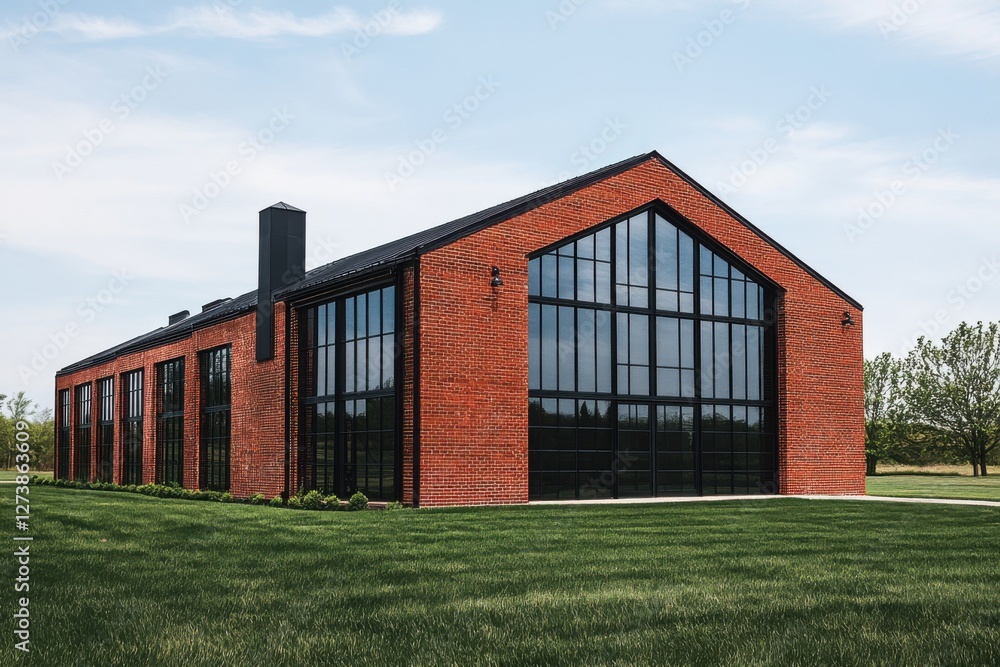 Red brick building with large windows surrounded by lush green grass on a clear day showcasing modern architectural design elements Red brick building with large windows surrounded by lush green grass on a clear day showcasing modern architectural design elements