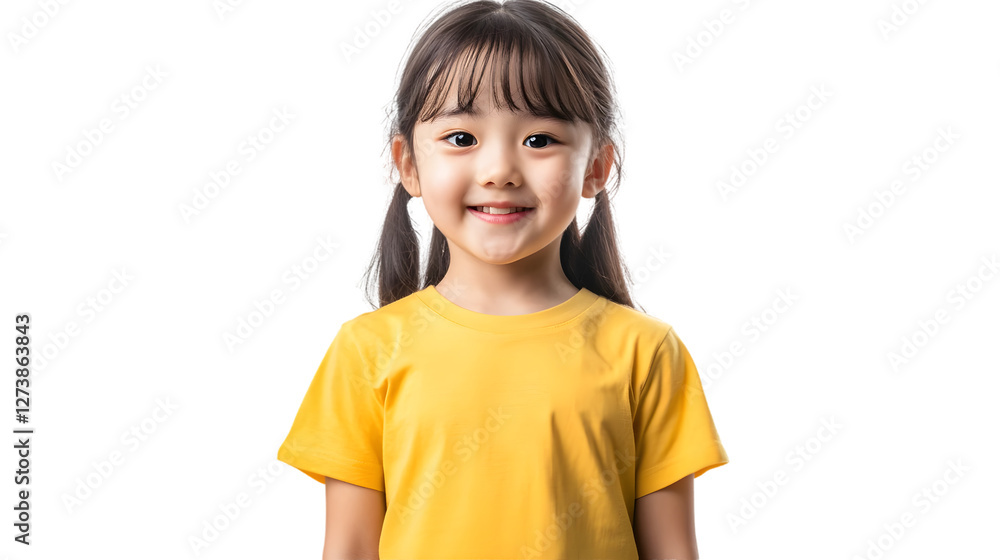 Portrait of a happy beautiful korean kid girl, with short haired bang style, wearing a yellow T-shirt, front view, mockup concept. Portrait of a happy beautiful korean kid girl, with short haired bang style, wearing a yellow T-shirt, front view, mockup concept.