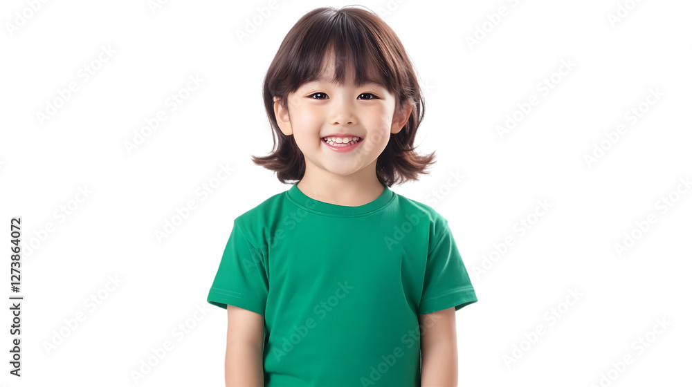 Portrait of a happy beautiful korean kid girl, with short haired bang style, wearing a green T-shirt, front view, mockup concept. Portrait of a happy beautiful korean kid girl, with short haired bang style, wearing a green T-shirt, front view, mockup concept.