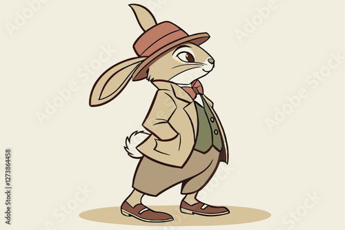  Anthropomorphic rabbit, dapper suit, fedora hat, vintage style, realistic fur texture, standing upright, brown leather shoes, whimsical character, children's book illustration, soft lighting, neutr