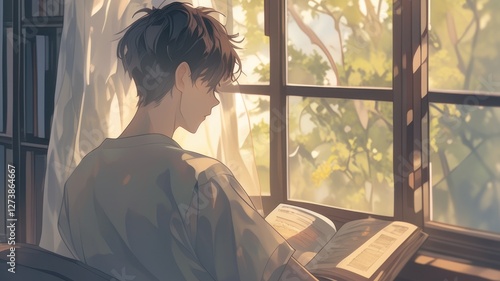 A young man is reading a book by the window in the morning. Anime style