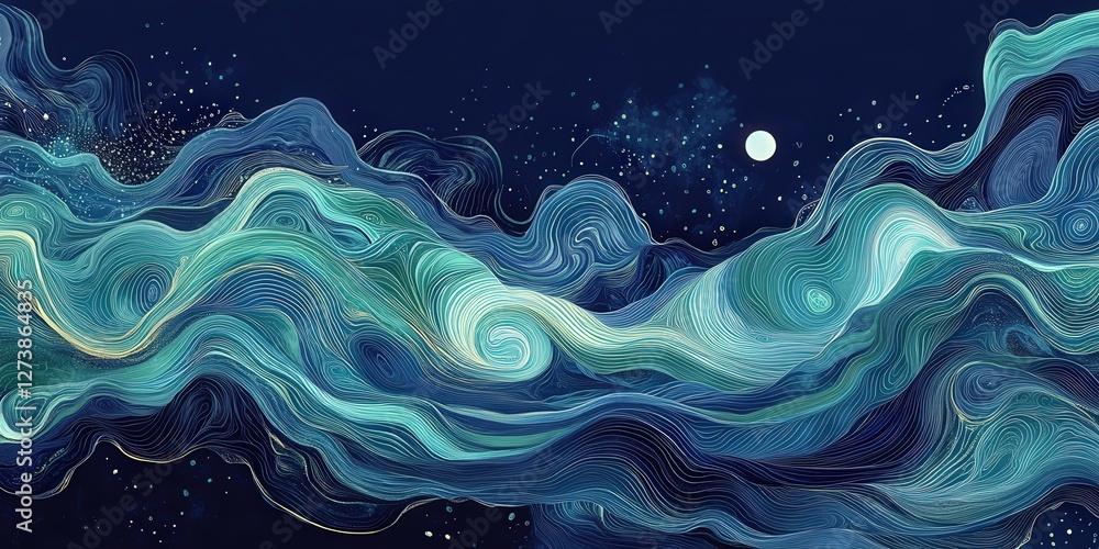 Fototapeta premium A mesmerizing digital illustration of a star-studded night sky, crafted with delicate lines and curves, evoking depth and dynamism against an enchanting deep blue backdrop
