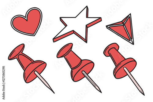  Red pushpins, various shapes, 3D rendering, glossy finish, office supplies, organization tools, bright red color, geometric forms, heart shape, star shape, triangle shape, circle shape, square shap