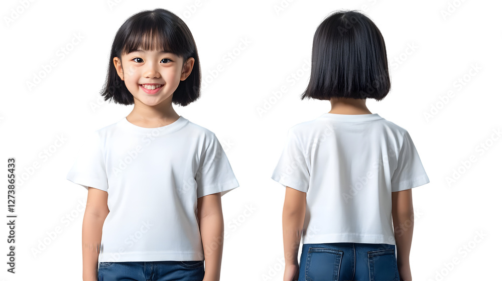 Portrait of a happy beautiful korean kid girl, with short haired bang style, wearing a white T-shirt, front and back view, mockup concept. Portrait of a happy beautiful korean kid girl, with short haired bang style, wearing a white T-shirt, front and back view, mockup concept.