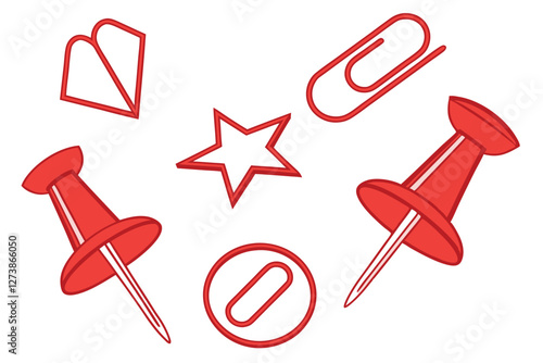  Red pushpins, various shapes, 3D rendering, glossy finish, office supplies, organization tools, bright red color, geometric forms, heart shape, star shape, triangle shape, circle shape, square shap