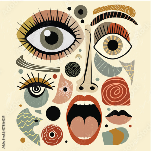 collage art, composition of face eye mouth , flat vector doodle illustration, wall decoration, interior art, soft grunge texture 