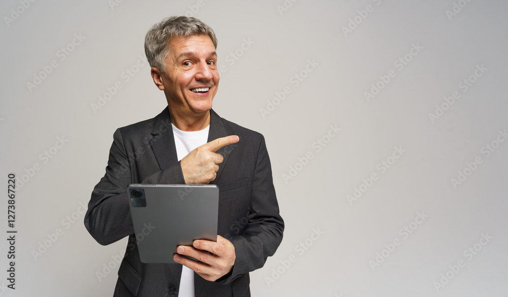 Smiling man guides attention while holding a tablet in a simple studio setting Smiling man guides attention while holding a tablet in a simple studio setting