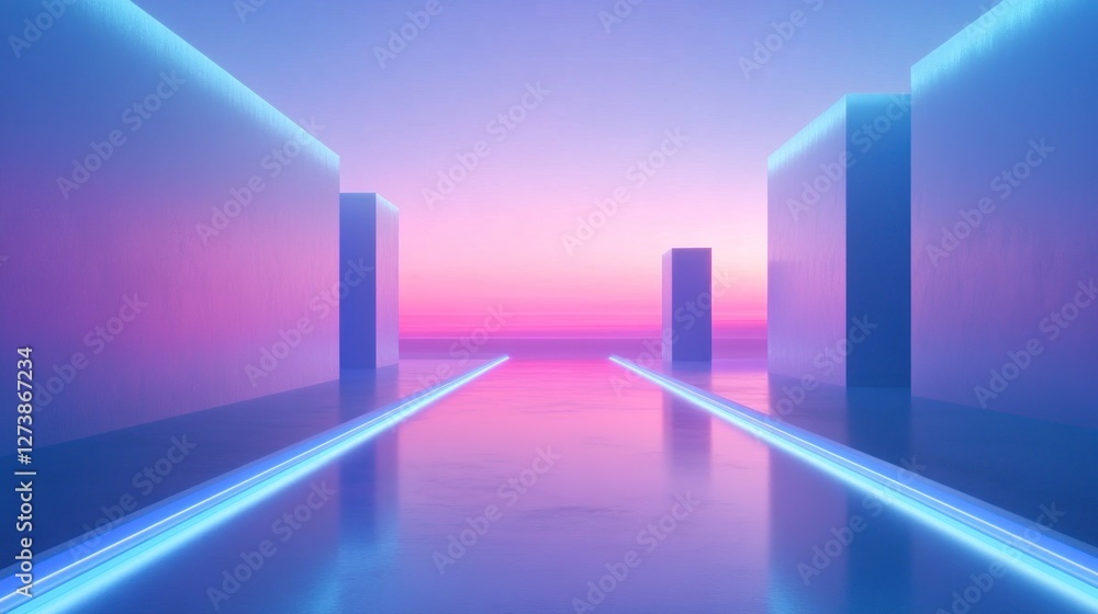 Fototapeta premium Futuristic sunset city, neon lights, reflective surface, digital art, website banner