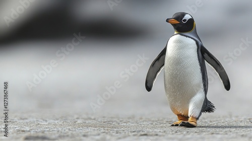 Gentoo penguin walking on beach, Antarctic landscape
