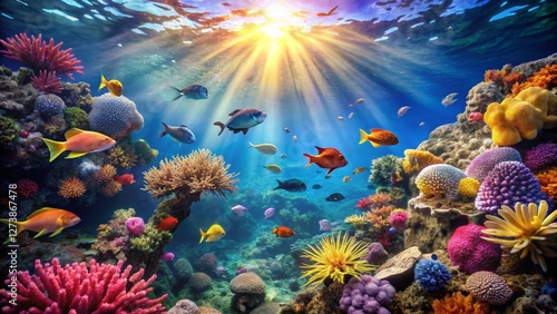 Vibrant Underwater Scene with Colorful Marine Life and Coral Reefs photo