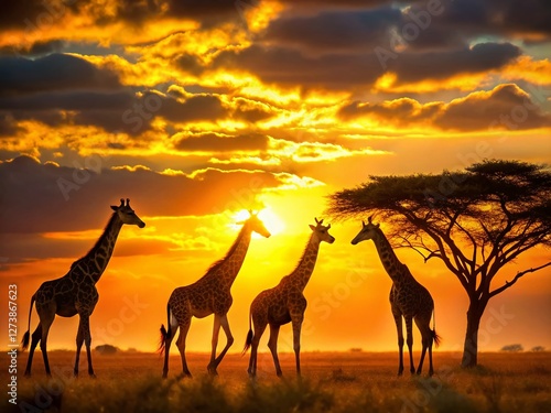 Silhouetted Giraffes at Sunset, African Desert Bokeh Photography