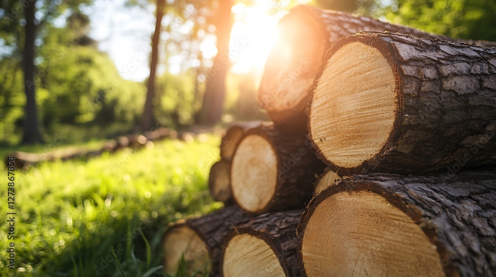 Pile of wooden logs, big trunks of tall trees cut and stacked in a forest. Ecological damage and deforestation's Impact on environment, forest destruction and disappearing Pile of wooden logs, big trunks of tall trees cut and stacked in a forest. Ecological damage and deforestation's Impact on environment, forest destruction and disappearing