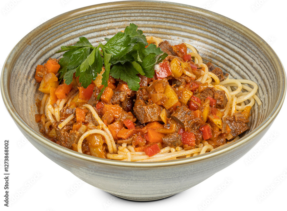 Spaghetti with meat and vegetables on a white background Spaghetti with meat and vegetables on a white background