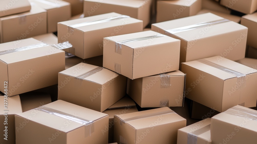 Fototapeta premium Numerous stacked cardboard boxes in a warehouse setting during daylight hours