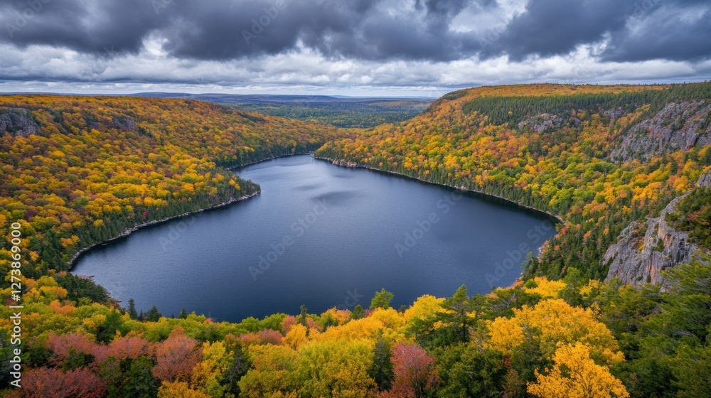 Fototapeta premium Autumnal lake nestled within a vibrant forest landscape