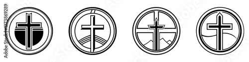 Christian cross icon. Abstract round christian cross logo. Set of black church symbols. Vector illustration