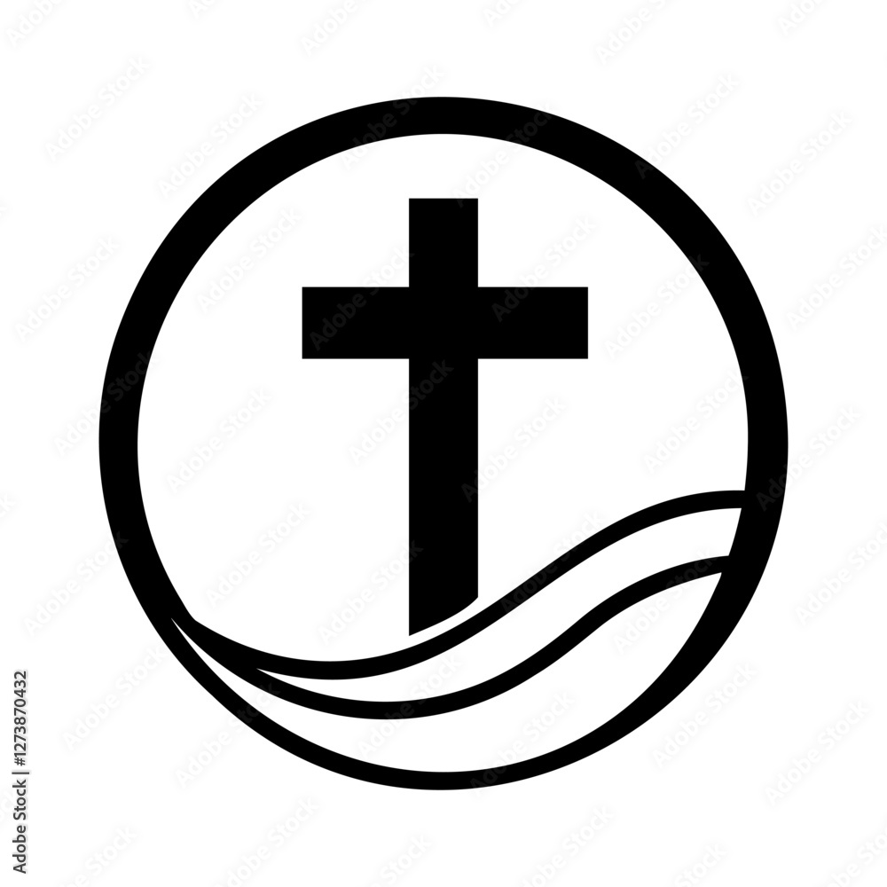 Fototapeta premium Christian cross icon. Christian cross inside circular frame with wave design. Church symbol. Vector illustration