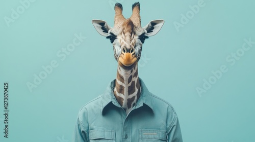Giraffe-headed man, light blue shirt, pastel background; surreal portrait