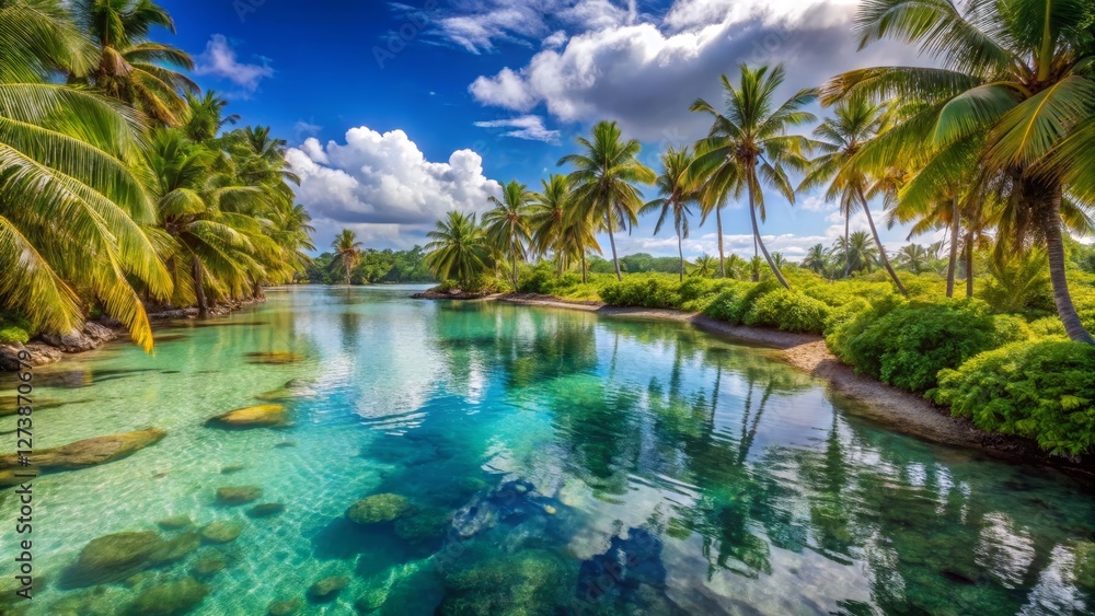 Serene Tropical Paradise with Lush Palm Trees and Crystal Clear Water Serene Tropical Paradise with Lush Palm Trees and Crystal Clear Water