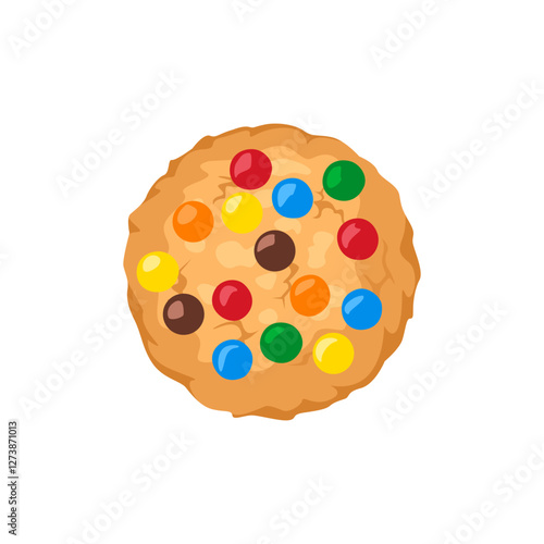  Cookie with multicolor chocolate candy dragees isolated on white background. Vector cartoon flat illustration. Sweet biscuit icon.