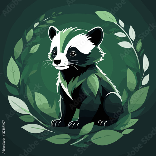 Stylized wolverine cub illustration with green color scheme on foliage background in minimalist style