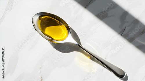 A Spoonful of Sunshine: Golden liquid fills a metal spoon against a marbled backdrop, bathed in sunlight.