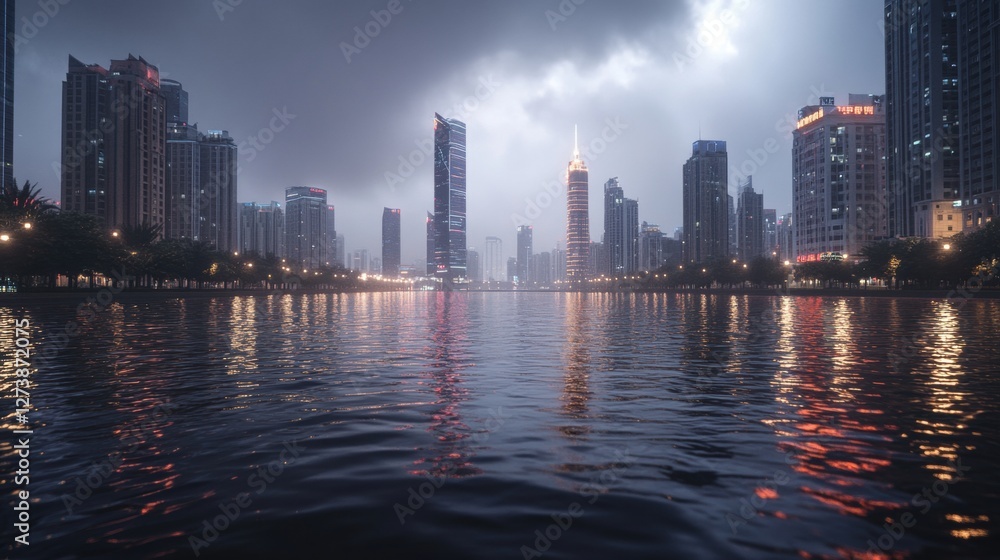 Fototapeta premium Dramatic Cityscape Reflection on Water Surface in Moody Weather at Night with City Skyline