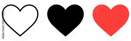 Heart icon. Set of black and red icons of heart isolated on white background. Love symbol. Vector illustration