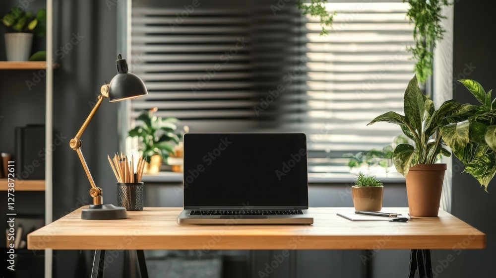 Fototapeta premium Modern Home Office Workspace with Laptop Desk Lamp and Plants