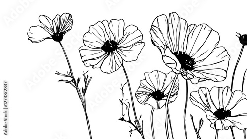 Poppy flower illustration design. Stems leaves and flower bud included. Wedding invitation floral template. Black line art on white background