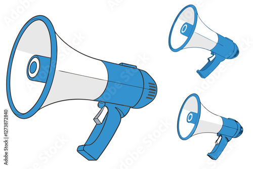 36 Realistic megaphones, blue and white bullhorns, 3D render, product photography, multiple angles, electronic loudspeakers, handheld announcement devices, vector icon, isolated on white background, g