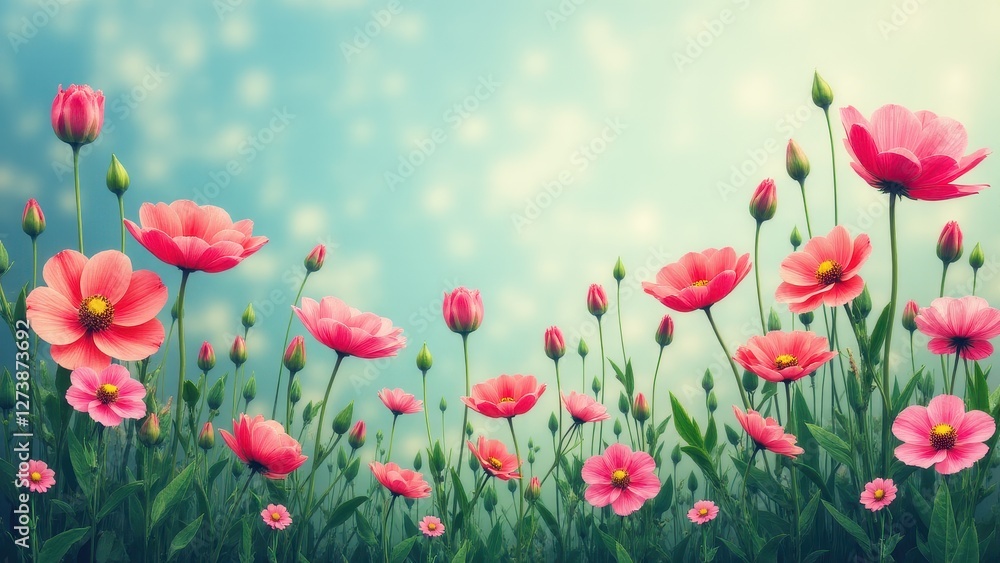 Fototapeta premium Beautiful pink flowers in full bloom against a soft, dreamy background, perfect for a flower wallpaper.