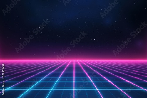 Retro-futuristic landscape: glowing grid against a starry sky, evoking 80s aesthetics