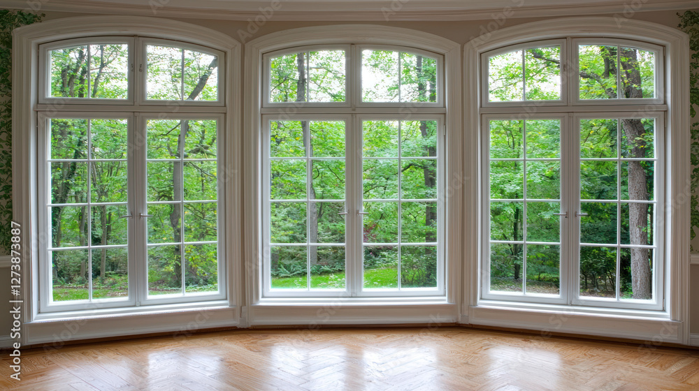 Fototapeta premium Bright windows with view of lush greenery and trees