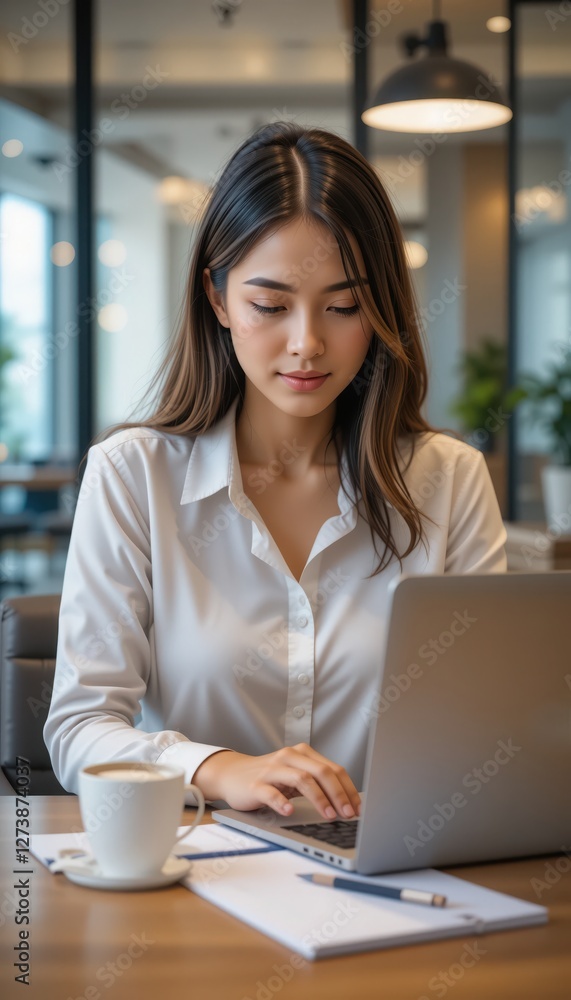 A young woman sits at a wooden table in a modern cafe, intently typing on her laptop. Warm sunlight filters through large windows, illuminating her workspace alongside a steaming cup of coffee A young woman sits at a wooden table in a modern cafe, intently typing on her laptop. Warm sunlight filters through large windows, illuminating her workspace alongside a steaming cup of coffee