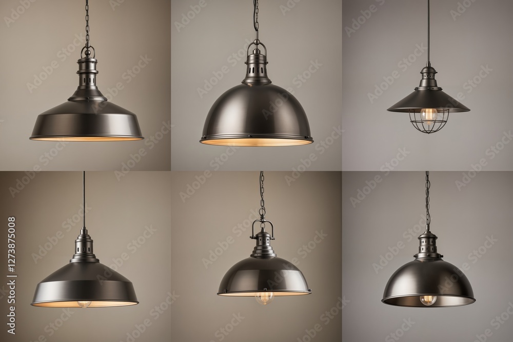 Fototapeta premium Six black pendant lights with a curved design and lightbulbs are arranged in a grid, each with a metal frame and a lightbulb, creating a symmetrical and elegant display against a beige background