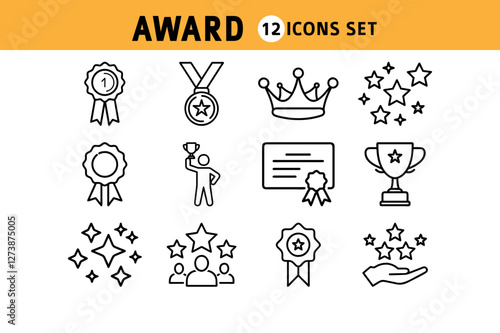 Simple Black Line Icons Representing Achievement and Recognition