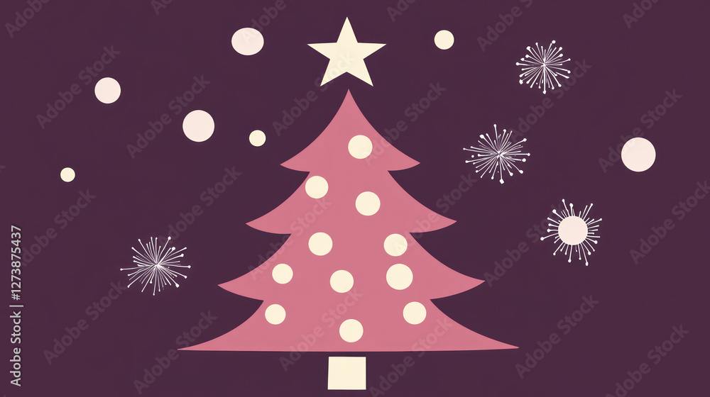 festive pink Christmas tree with polka dots and star, surrounded by decorative elements festive pink Christmas tree with polka dots and star, surrounded by decorative elements