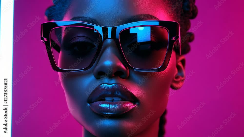 Woman with dark hair and glasses is wearing a purple background. The image is a portrait of a woman with a bold and confident expression Woman with dark hair and glasses is wearing a purple background. The image is a portrait of a woman with a bold and confident expression