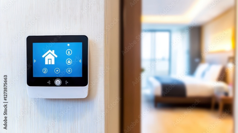 A modern smart home thermostat displayed on a wall, with a glimpse of a cozy bedroom in the background.