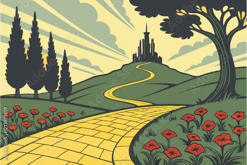  Fantasy landscape, yellow brick road, emerald city skyline, vibrant red poppies, tall cypress trees, stormy sky, golden sunlight, winding path, magical atmosphere, Wizard of Oz inspired, dreamlike 