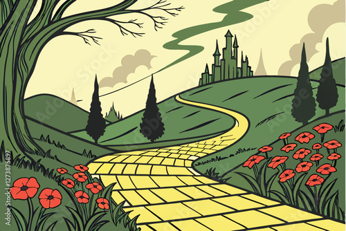  Fantasy landscape, yellow brick road, emerald city skyline, vibrant red poppies, tall cypress trees, stormy sky, golden sunlight, winding path, magical atmosphere, Wizard of Oz inspired, dreamlike 
